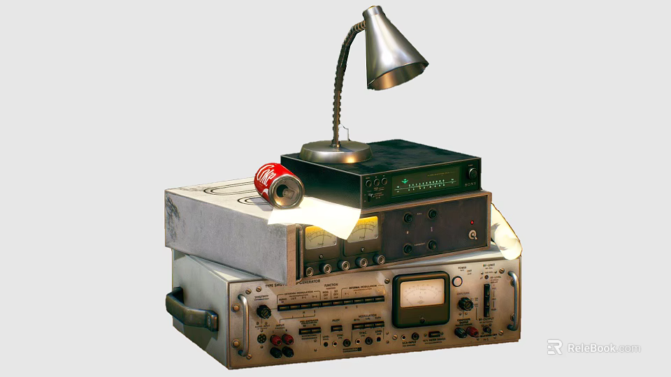 Vintage Television Stacked With Table Lamp Coca Cola Can And Electronic Devices 3d model 