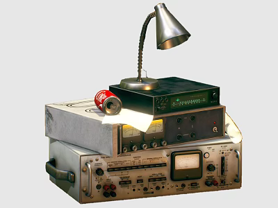 Vintage Television Stacked With Table Lamp Coca Cola Can And Electronic Devices 3d model
