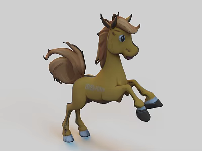 Yellow Cartoon Horse Sculpture With Brown Mane Tail Standing Pose And Blue Eyes Carving Artwork 3d model