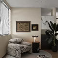 Patterned Lounge Chair in Cozy Interior with Window Blinds Framed Art and Green Plant