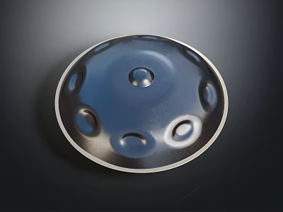 Handpan Musical Percussion Instrument Dark Metallic Round Body With Central Hole And Silver Rim 3d model