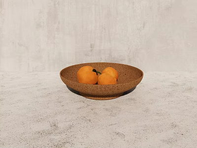 Rustic Ceramic Bowl With Fresh Oranges On Concrete Surface Against Gray Textured Wall 3d model