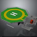 Octagonal Helicopter Landing Pad Featuring Green Surface Yellow Circle White H Sign And Red Vehicle