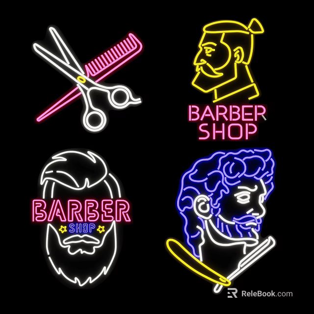 Barber Shop Outdoor Neon Lights With Scissors Comb And Male Head Designs 3d model 