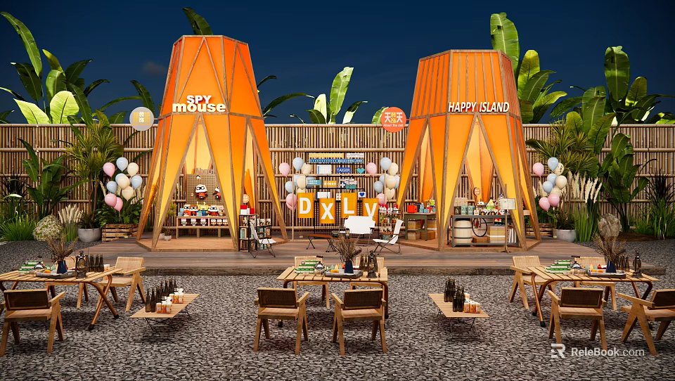 Outdoor Mall Store Area With SPY MOUSE KART LAND Stalls Tables Chairs Balloons Green Plants 3d model 