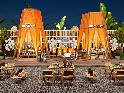 Outdoor Mall Store Area With SPY MOUSE KART LAND Stalls Tables Chairs Balloons Green Plants 3d model