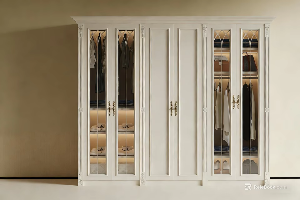 Elegant White Wardrobe With Glass Doors Illuminated Clothing And Shoes Storage 3d model 