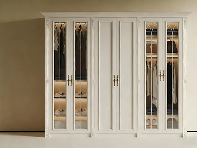 Elegant White Wardrobe With Glass Doors Illuminated Clothing And Shoes Storage 3d model