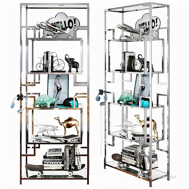 Modern Metallic Frame Storage Shelving Unit with Decorative Sculptures Books and Display Items 3d model 