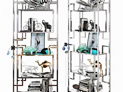 Modern Metallic Frame Storage Shelving Unit with Decorative Sculptures Books and Display Items 3d model