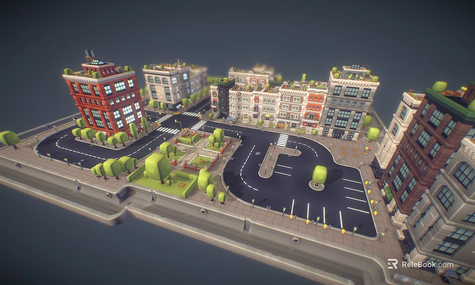 Cartoon City Scene With Colorful Buildings Streets Parking Lot And Trees 3d model 