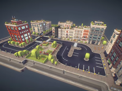 Cartoon City Scene With Colorful Buildings Streets Parking Lot And Trees 3d model