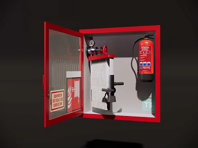 Red Fire Safety Cabinet Interior With Fire Extinguisher And Emergency Supplies 3d model