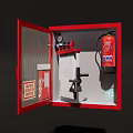Red Fire Safety Cabinet Interior With Fire Extinguisher And Emergency Supplies