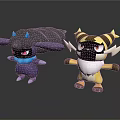 3D Purple And Yellow White Cartoon Characters With Horns And Striped Design