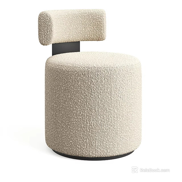 Modern Beige Upholstered Round Stool With Black Base And Textured Fabric 3d model 