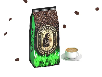 Aromatic Roasted Coffee Beans In Bag With Fresh Brewed Coffee Cup And Scattered Beans 3d model