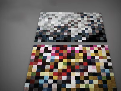 Two Square Rugs With Vibrant Colorful Square Patterns On Gray Background 3d model