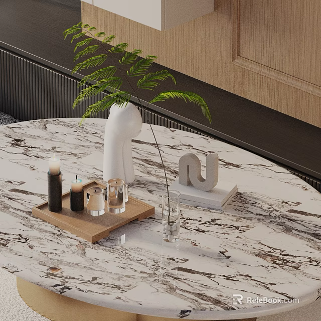 Sofa and Coffee Table Set With Marble Top Wooden Tray Candles Glass And Plant Decor 3d model 