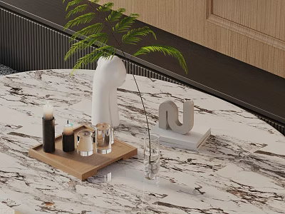 Sofa and Coffee Table Set With Marble Top Wooden Tray Candles Glass And Plant Decor 3d model