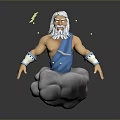 3D Rendered Mythological Elder Figure With White Hair Beard Blue Cloth On Cloud And Lightning