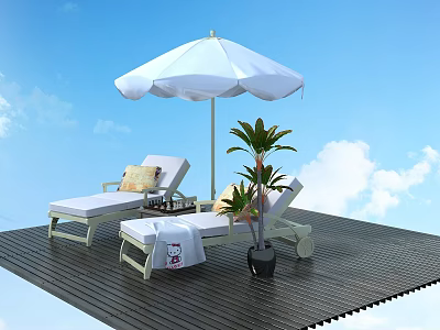 Outdoor Lounge Chair with White Umbrella Potted Plant on Wooden Deck under Blue Sky 3d model