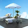 Outdoor Lounge Chair with White Umbrella Potted Plant on Wooden Deck under Blue Sky