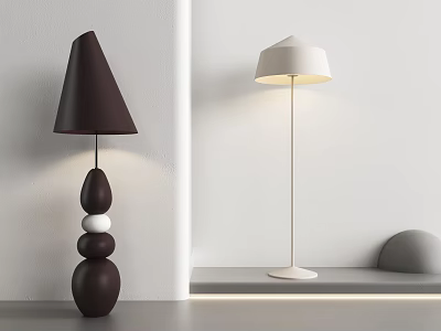 Modern Interior With Brown White Floor Lamps Conical Dome Shades Stacked Round Bases 3d model