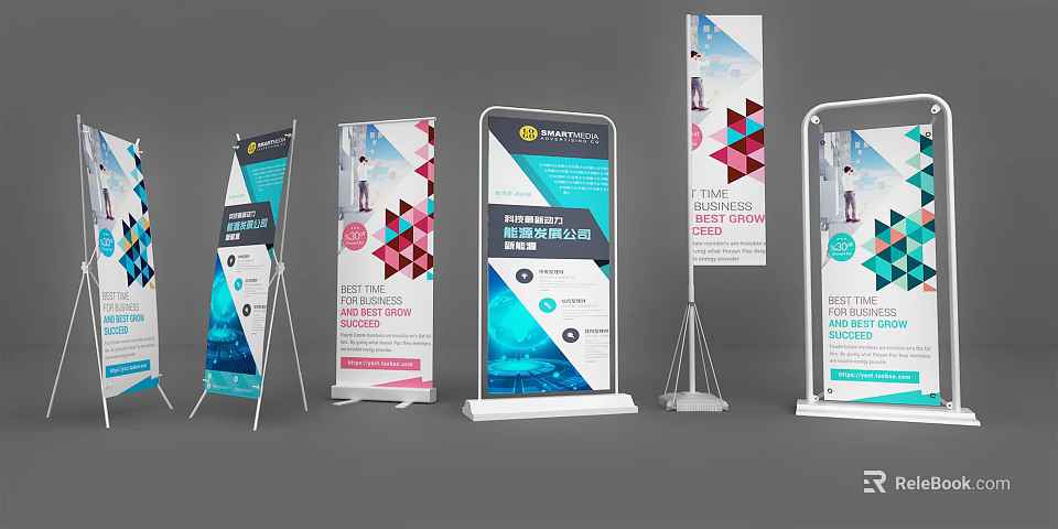 Modern Advertising Billboards With Retractable Banners Geometric Patterns And Event Promotion 3d model 