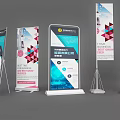 Modern Advertising Billboards With Retractable Banners Geometric Patterns And Event Promotion