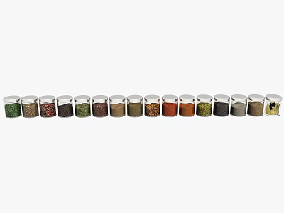 Neatly Arranged Transparent Spice Jars With Various Colored Spices On Kitchen Countertop 3d model