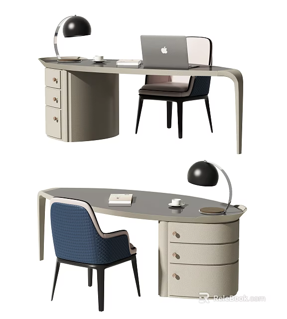 Modern Curved Desk with Drawers Table Lamp Book Cup and Chair 3d model 