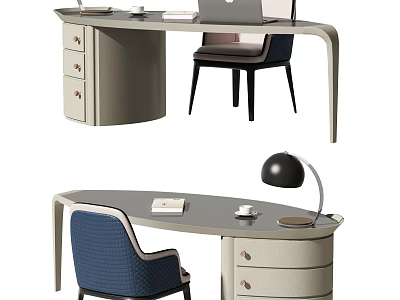 Modern Curved Desk with Drawers Table Lamp Book Cup and Chair 3d model