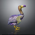 Colorful Bird Decoration with Purple Feathers Yellow Legs Pink Beak on Black Glossy Background