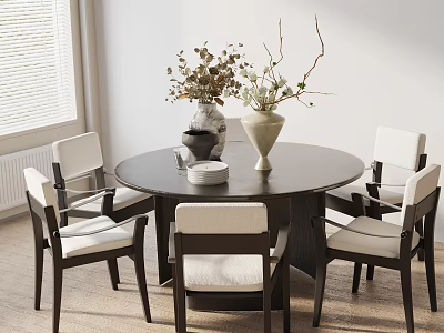 Modern Round Dining Table Set with Four Chairs White Cushioned Seats Dark Legs and Decorative Vases 3d model