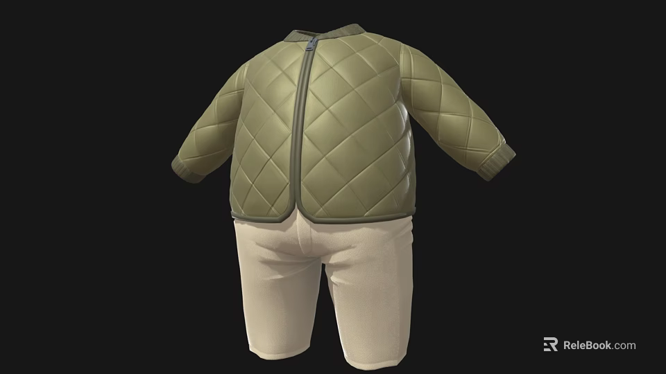 Green Quilted Jacket With Zipper Back View And Beige Pants 3d model 