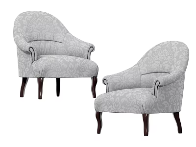 Elegant Gray Patterned Accent Chairs With Curved Armrests And Dark Wooden Legs 3d model