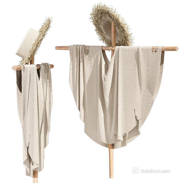 Natural Style Decorative Ornament Set With Wooden Rack Straw Hat And Linen Cloth 3d model 