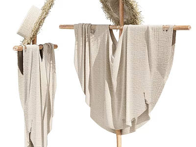 Natural Style Decorative Ornament Set With Wooden Rack Straw Hat And Linen Cloth 3d model