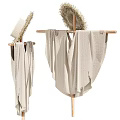 Natural Style Decorative Ornament Set With Wooden Rack Straw Hat And Linen Cloth