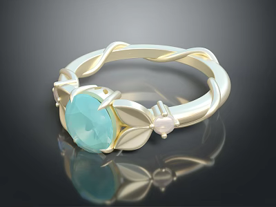 Elegant Golden Ring With Twisted Band Leaf Details And Blue Gemstone 3d model