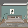 Serene Bedroom Interior With Green Walls Artwork Nightstands With Table Lamps And Wooden Floor