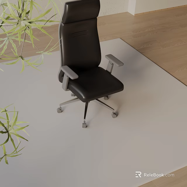 Modern Black Leather Office Chair With Adjustable Armrests Swivel Wheels And Indoor Green Plants 3d model 