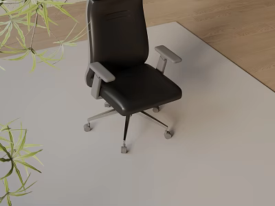 Modern Black Leather Office Chair With Adjustable Armrests Swivel Wheels And Indoor Green Plants 3d model