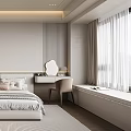 Modern Bedroom With White Wardrobe Three Square Wall Art Dressing Table Chair Curtains And Rug