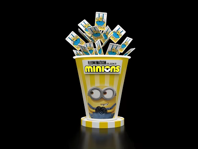 Minions Themed Cup With Yellow White Stripes And Many Character Cards Inside 3d model