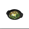 Delicious Clay Pot Noodle Soup With Soft Boiled Egg Fresh Green Vegetables And Rich Broth