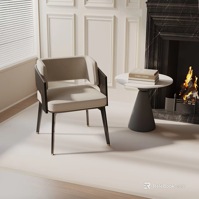 Cozy Living Room Accent Chair With Side Table Books Fireplace And Window Blinds 3d model 
