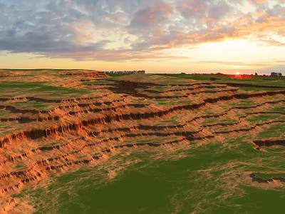 Stunning Red Rock Landscapes With Green Grass Under Sunset Sky And Clouds 3d model