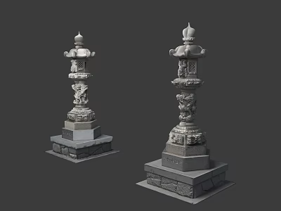Lush Green Garden Plants Around Ornate Stone Lanterns With Detailed Carvings 3d model